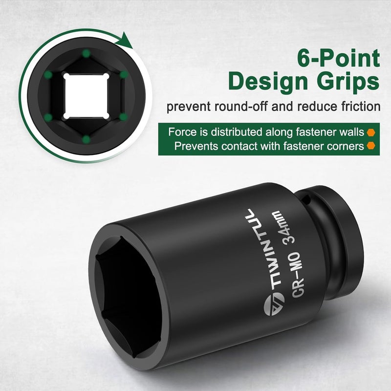 TIWINTUL 34mm Deep Impact Socket 1/2 Inch Drive, CR-MO Steel Impact Socket, 3.07" Length, 6 Point Design, Metric Size, Axle Nut Socket for Easy Removal of Axle Shaft Nuts - Image 4